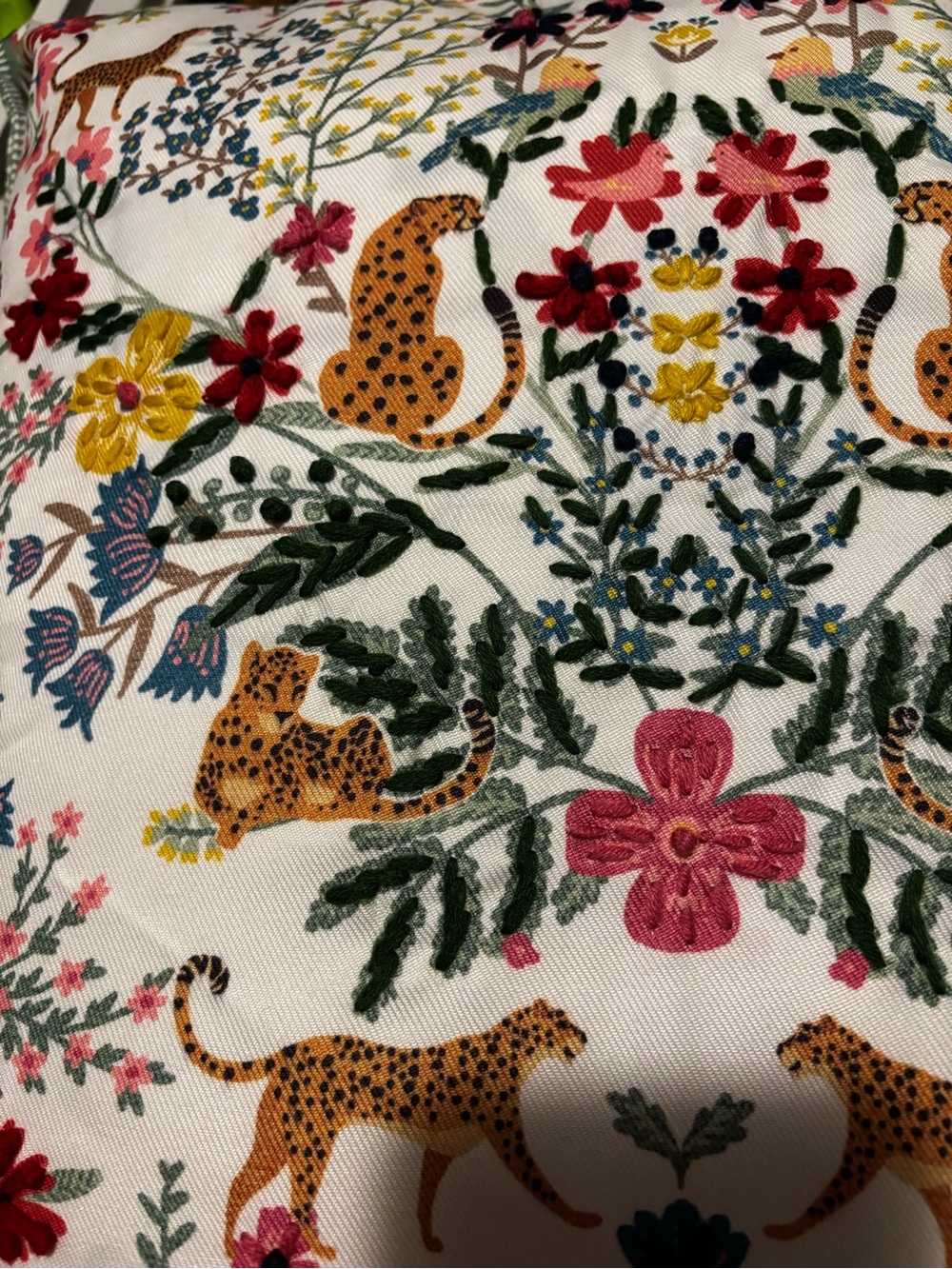 Embroidered Leopard & Floral Pillow Cover in White, Gold, Green, Pink x2 covers